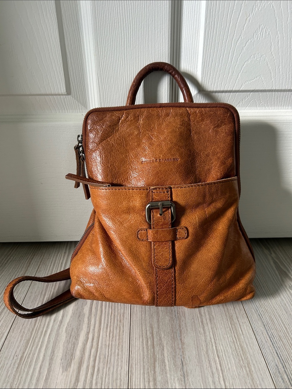 Spikes & Sparrow Brown Leather Mini Backpack with Buckle Detail